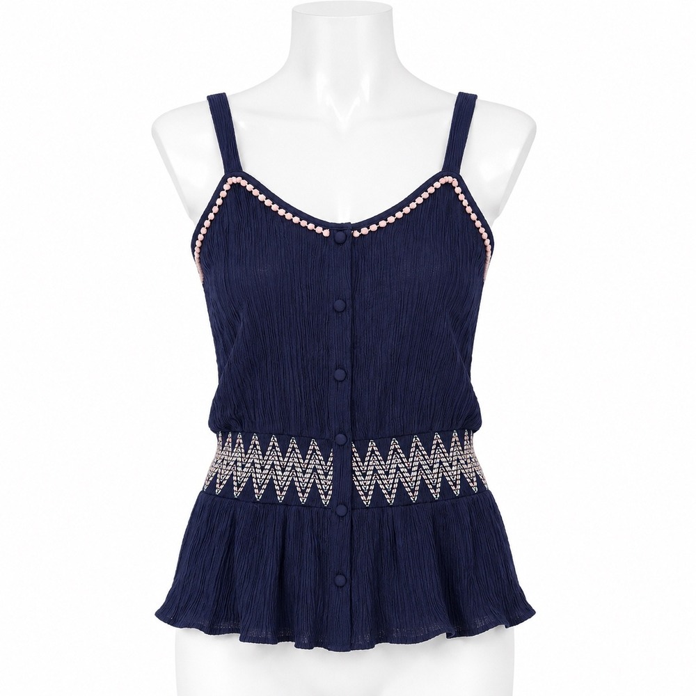 Y2K Mine Navy Smocked Peplum Cami Top L Boho Fairy Grunge Cottagecore Festival